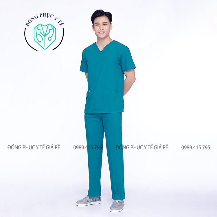 Bộ Scrubs Xanh Coban Bác Sĩ, Bộ Đồ Cổ Tim Vải Cotton Lạnh Cao Cấp