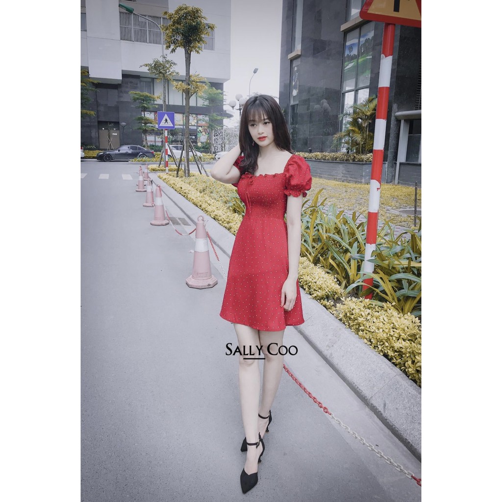 Đầm bi đỏ xoè Hàn quốc