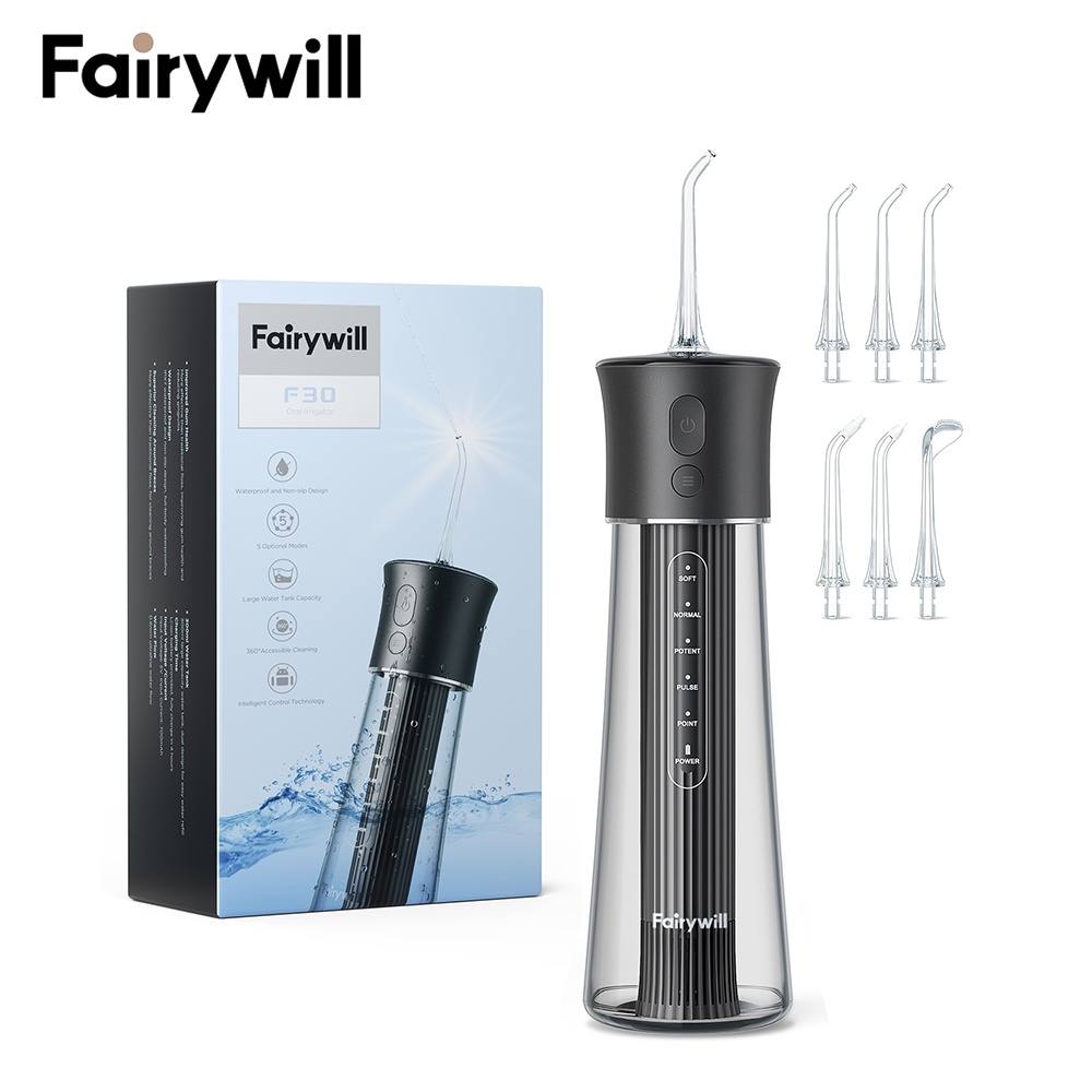 Máy tăm nước cầm tay Fairywill F30 với 6 đầu thay thế và bình nước 300ml