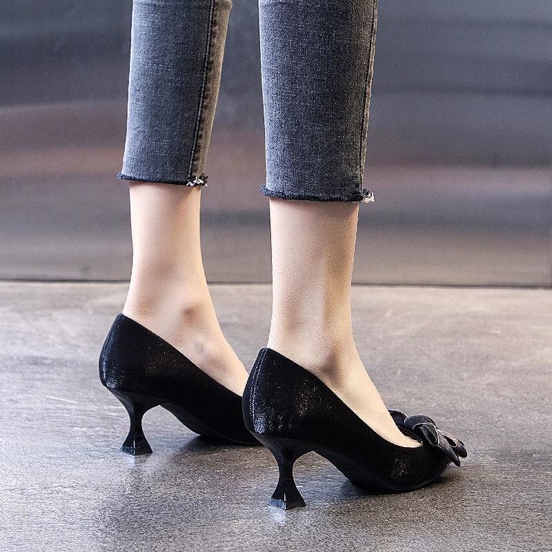 Giày cao gót mũi nhọn đính nơ màu đỏ thời trang mùa xuân Pháp 2021 cho nữ