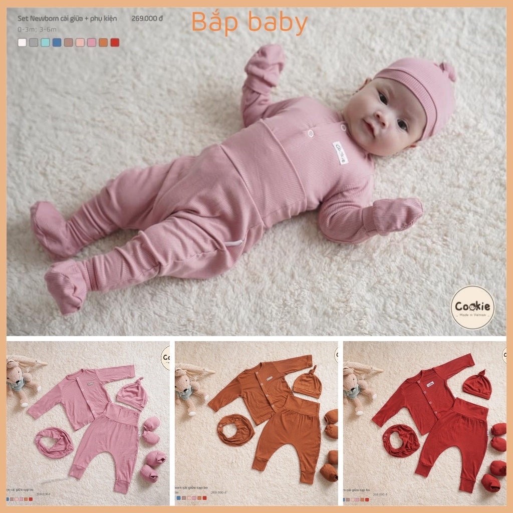 Quần áo sơ sinh bé trai và bé gái COOKIE bộ sơ sinh dài tay chất vải cotton tăm lạnh, mặc mùa hè size 0 đến 6 tháng tuổi