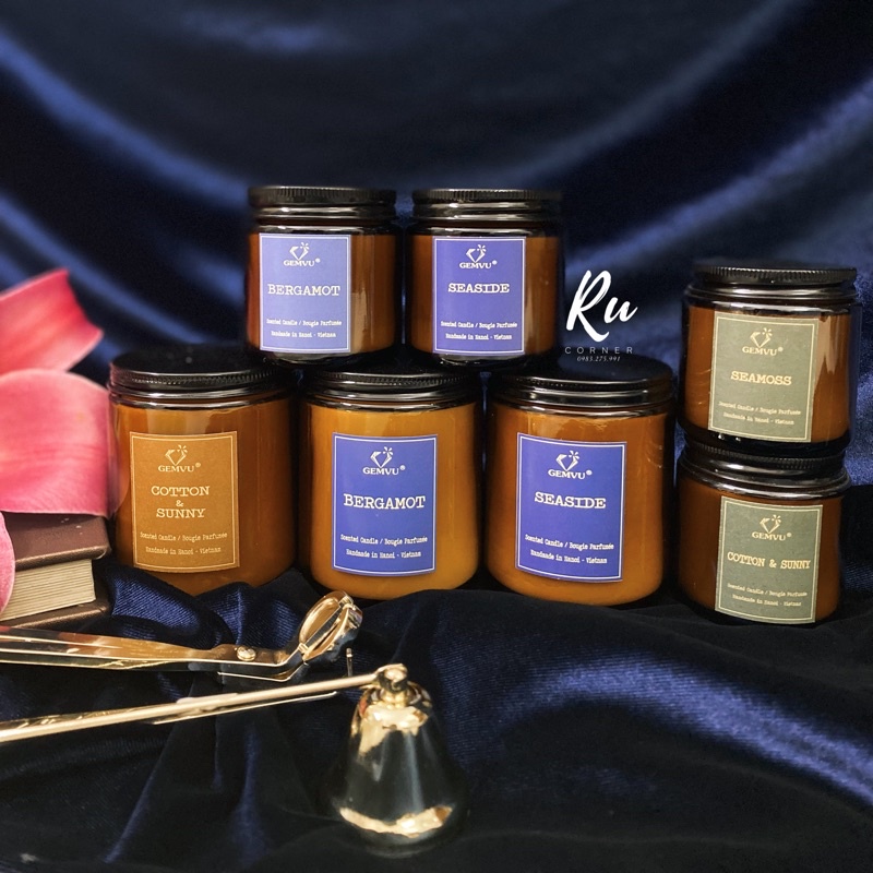 nến thơm GEMVU các hương vị tươi xanh dễ chịu của bergamot, biển cả, đồi thông, rau mùi, từ tinh dầu thiên nhiên