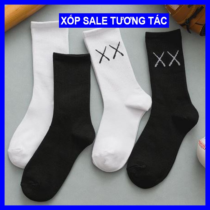 Tất nam nữ Unisex cao cổ cổ cao có chữ X và tất gấu trơn trắng đen, Vớ Nam nữ Unisex cao cổ cao cổ ngắn