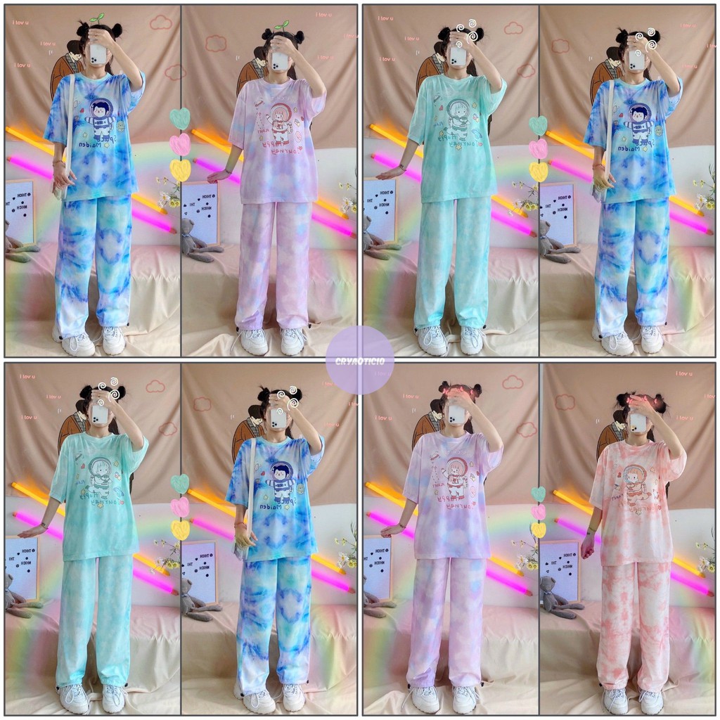Set áo quần loang màu Space Girl + quần dài Tie Dye dây rút unisex