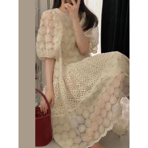 Váy trắng babydoll dáng dài ren hoa xinh đẹp