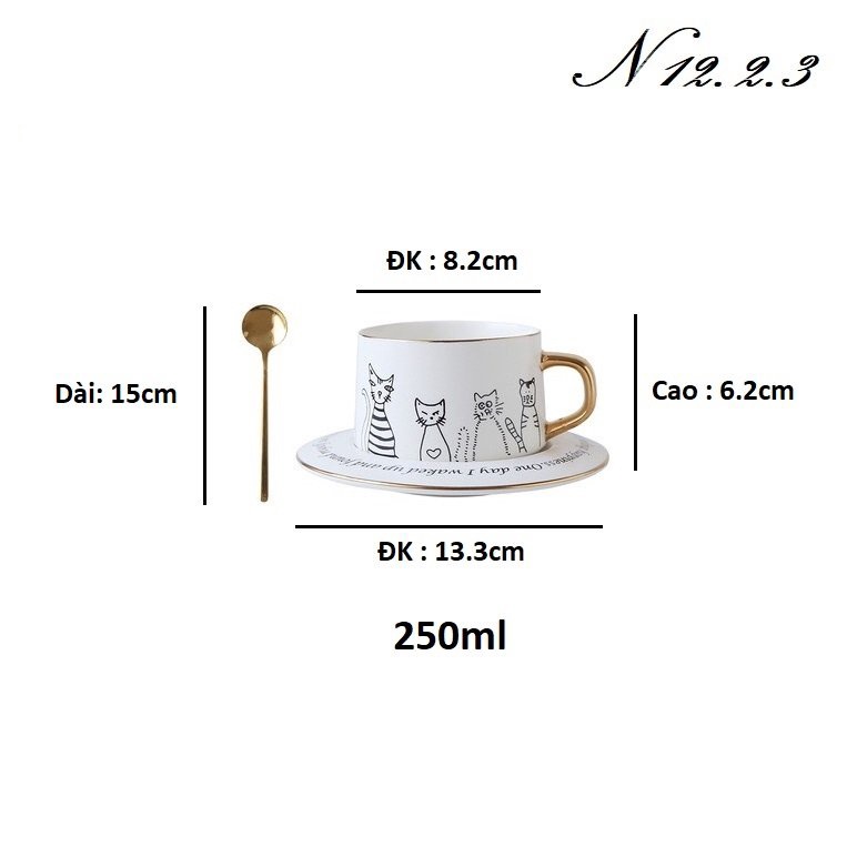 Set tách cà phê hình mèo đen trắng dễ thương, set tách trà bằng sứ cao cấp 12.2.3