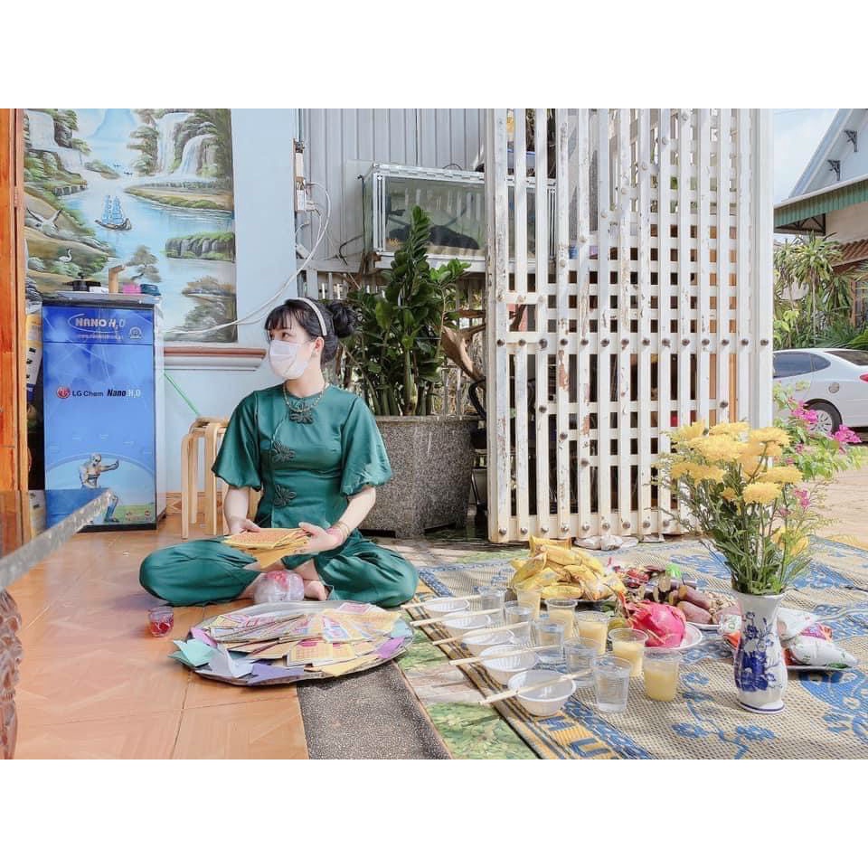 Đồ Lam Đi Chùa - Mẫu Kết Hoa Nút Tàu Tay Phồng Vải Tuyết Nhung Cao Cấp Trang Nhã  - CG02