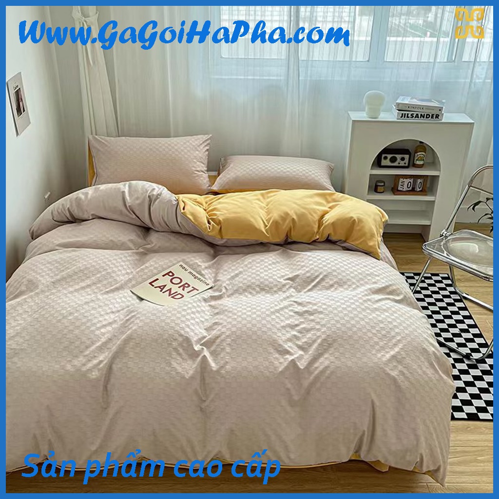 Bộ chăn ga gối Cotton tici vân caro cao cấp, bộ ga giường cotton tici 4 món loại 1 xịn xò