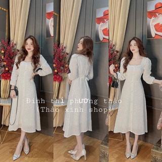 Váy trắng dự tiệc cổ vuông thắt nơ eo sang chảnh