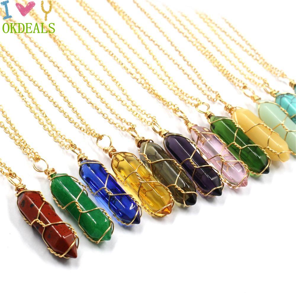 OKDEALS Vòng cổ mặt đá ngọc bích hình trụ màu vàng hồng tự nhiên thời trang cho nam và nữ