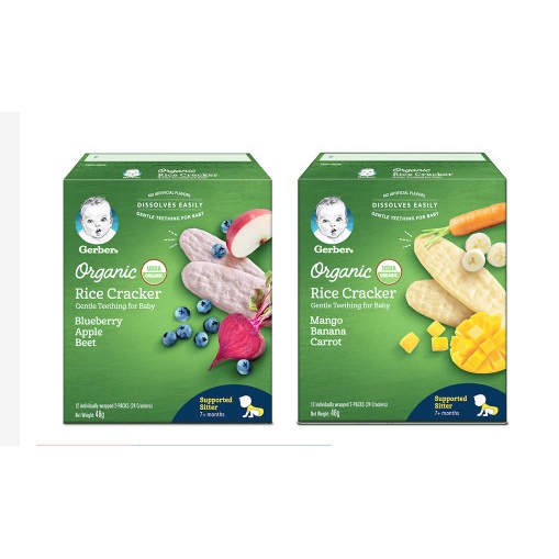 Bánh gạo hữu cơ Gerber Organic vị Việt quất Táo Củ cải đỏ và xoài chuối cà rốt 7m