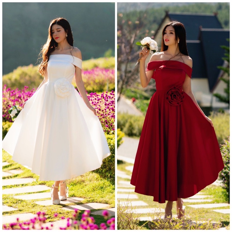 Đầm xoè midi TRIPBLE T DRESS mặc cưới bẹt vai phối hoa hồng rời eo hoặc vai - size S/M/L - MS196Y