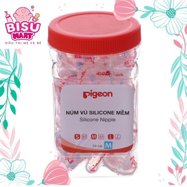 Hộp 24 cái Núm vú Pigeon, Núm vú cổ hẹp silicon siêu mềm size S, M, L