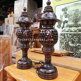 Cặp đèn thờ gỗ tràm bông vàng cao 48 cm màu đen loại 1