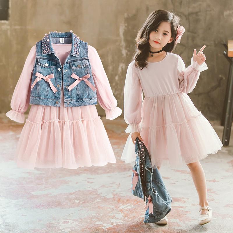 Set áo sát nách + đầm denim cho bé gái