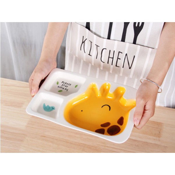 Khay đựng thức ăn 3 ngăn chất liệu gốm sứ cao cấp - họa tiết hươu, voi và thỏ