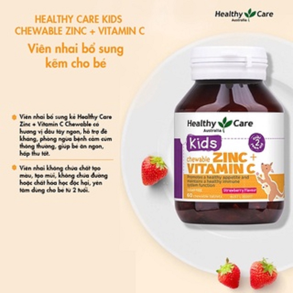 Viên Nhai Bố Sung Kẽm Healthy Care Zinc Vitamin C 60 viên Hồi Phục Sức Khỏe, Tắng Sức Đề Kháng Cho Bé