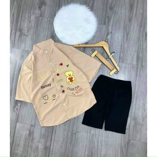 Set kiểu áo sơ mi tay ngắn hình gấu quần ngố lửng ôm MK70