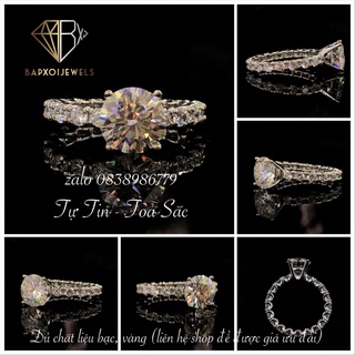 Nhẫn Moissanite 7,0ly-7,5ly-8,0ly nước D, VVS1, cắt Ex, kiểm định ép vỉ khắc mã số cạnh; Chất liệu bạc 925 mạ bạch kim