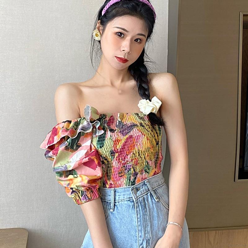 Korean Floral Printed Ruffled Irregular Sexy Slim Crop Women Blouse | BigBuy360 - bigbuy360.vn