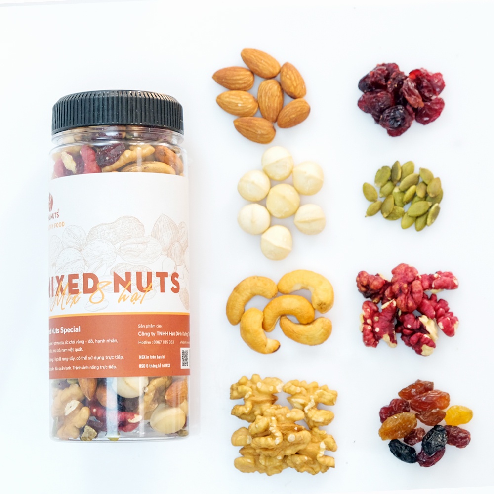 Hạt mix dinh dưỡng TANU NUTS granola mixed nuts 8 loại hạt điều, óc chó, hạnh nhân, macca, bí xanh, nho khô, việt quất