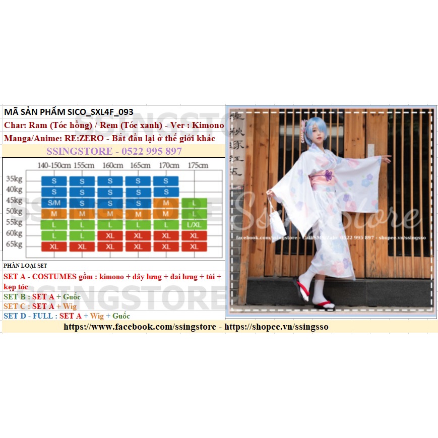 SSINGSTORE Set COSPLAY nhân vật Ram Rem trong anime Re Zero ver Kimono hoa anh đào Nhật Bản đáng yêu