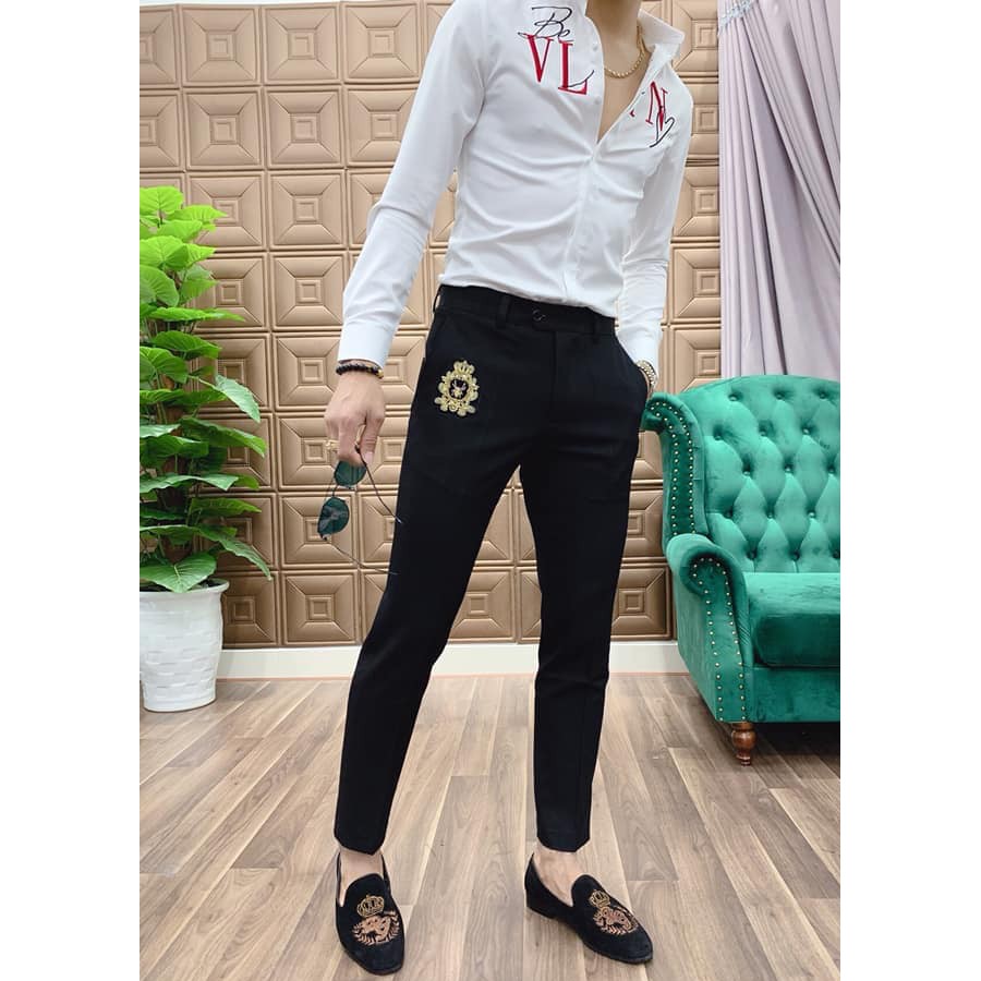 Quần Âu Nam Đen Thêu Nhện Vàng Dáng Ôm Ống Côn
