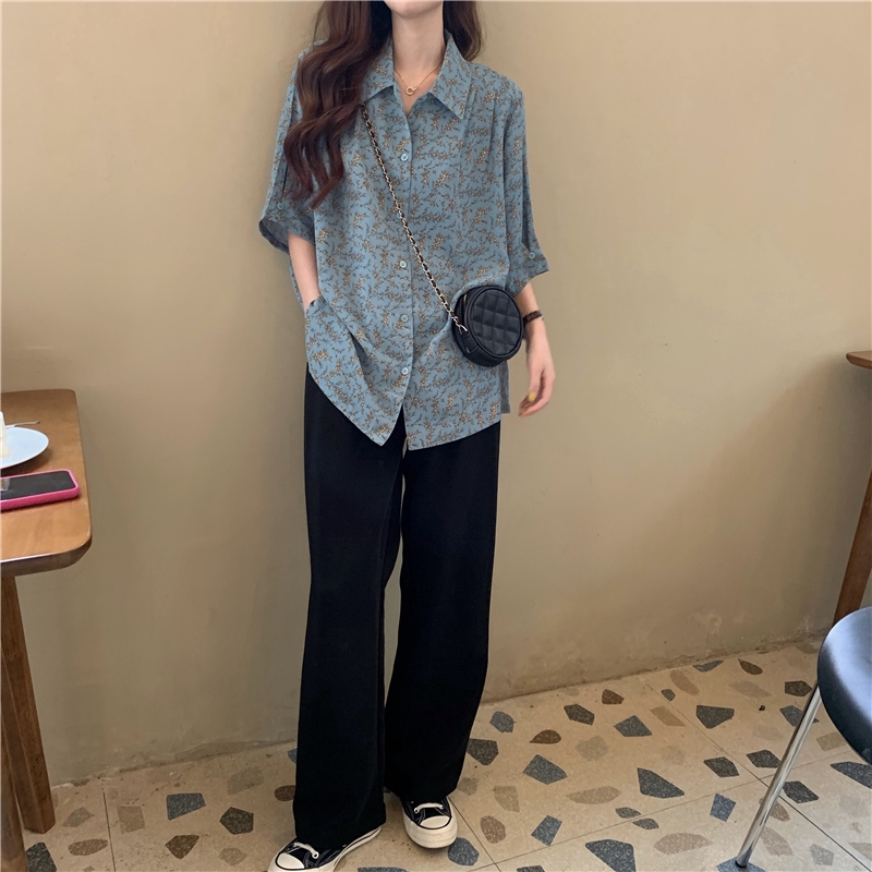 Áo sơ mi SUXI tay ngắn dáng rộng họa tiết hoa phong cách Hàn Quốc cổ điển thời trang cho nữ
