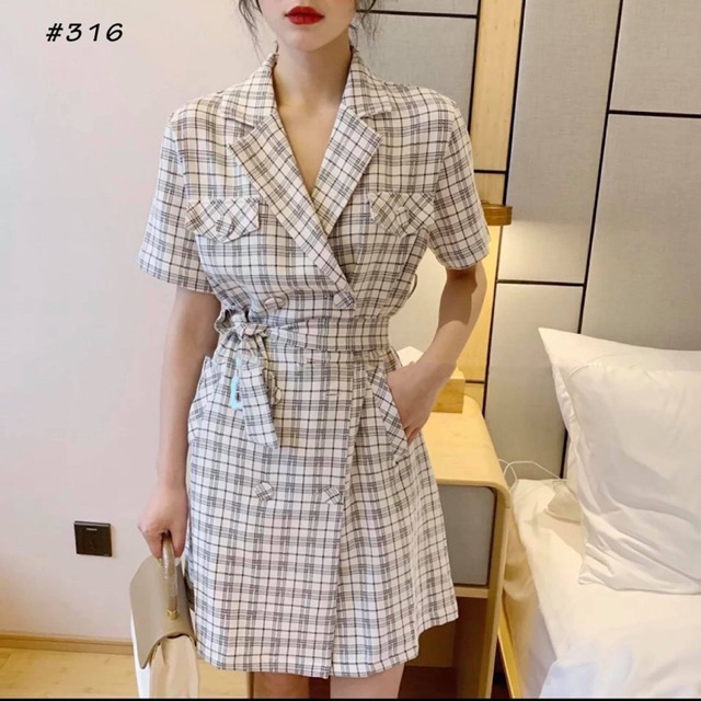 Đầm cổ vest caro thanh lịch/Hàng thiết kế