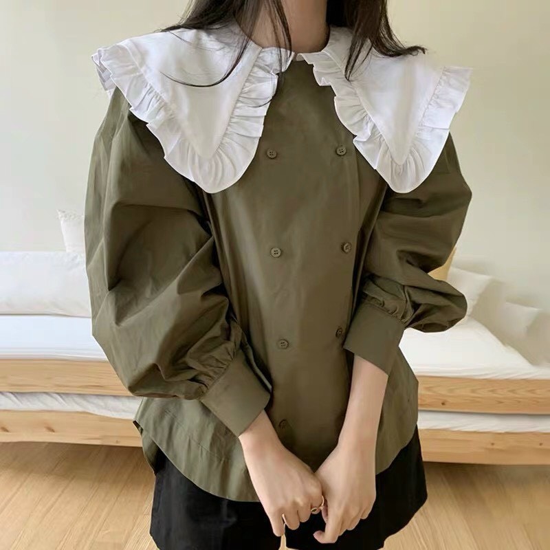 Áo rêu cổ phối bèo trắng KÈM ẢNH THẬT  BAO KIỂM ❌