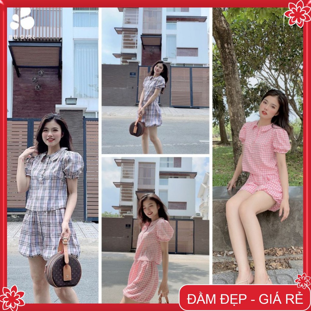 Set bộ sọc caro siêu dễ thương chất vải thoáng mát phù hợp mặc ở nhà đi chơi dạo phố- SET80