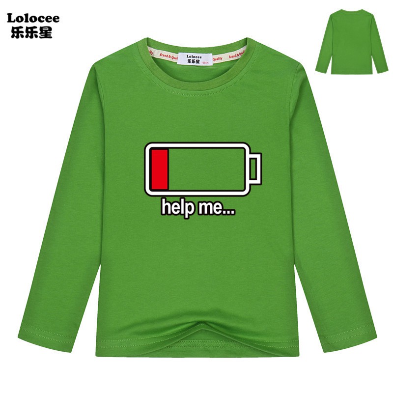 Funny HELP ME Energy Low T Shirts Boys Battery Low Long Sleeve O-neck Tops Basic Tees For Children