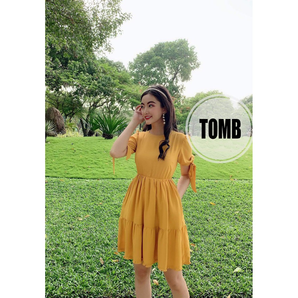 Đầm nữ dự tiệc cổ tròn phối nơ tay AMEE (Cam, Hồng) | BigBuy360 - bigbuy360.vn