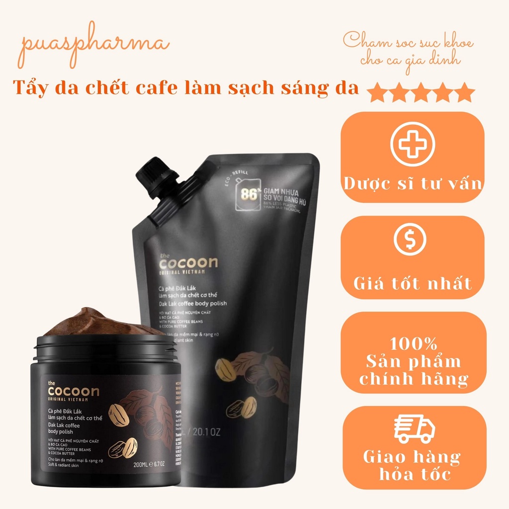 TẨY DA CHẾT TOÀN THÂN BODY CAFE ĐẮK LẮC COCOON 200ML LÀM SẠCH DA, LỖ CHÂN LÔNG