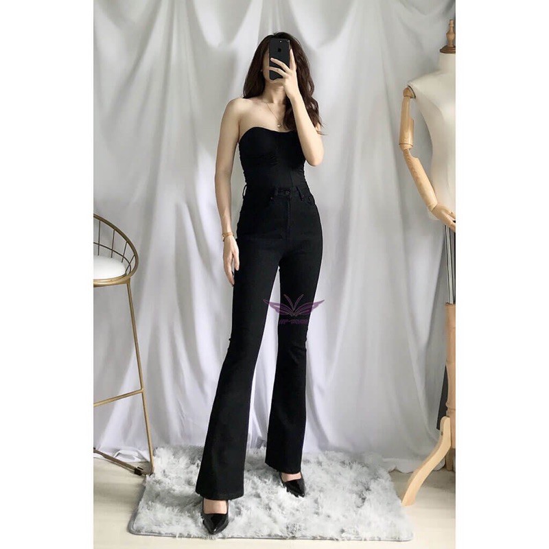 Quần jean nữ ống loe NPSHOP lưng cao hai màu đen trắng, quần bò ống loe kiểu trơn sang chảnh