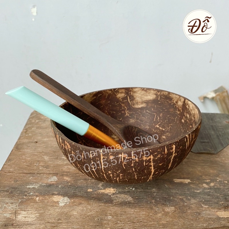 Bộ chén cọ gáo dừa+ muỗng gỗ dừa trái tim+cọ cán gỗ, bộ dụng cụ trộn mặt nạ+ tắm body