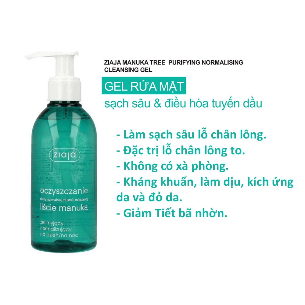 Sữa rửa mặt sạch sâu Ziaja Manuka Tree dịu nhẹ cho da dầu mụn nhạy cảm có hạt massage, 200ml- lifescare