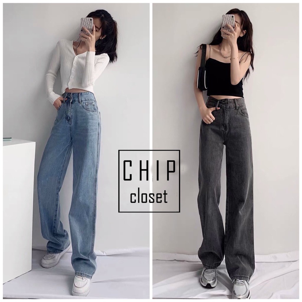 Quần Jeans Ống Rộng - Quần Ống Rộng Nữ Dáng Suông 2 Màu Xanh , Xám - Jeans Lưng Cao 2 Cúc Ulzzang QB001
