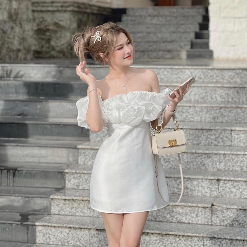 Váy Tacta Trễ Vai Sang Chảnh (hình thật) Đầm Trễ Vai Đi Tiệc Chất Tacta Đính Cườm loại 1