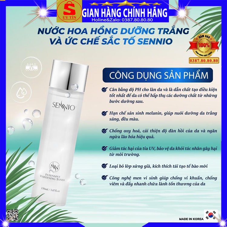 Nước hoa hồng không cồn se khít lỗ chân lông dưỡng trắng da Sennio hàn quốc kiềm dầu cấp ẩm cho da dầụ mụn nhờn khô nám