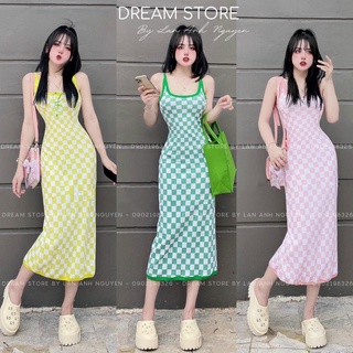 Đầm 2 dây caro viền màu dây và đáy ôm body dáng dài cực xinh , chất thun gân mềm mát mk
