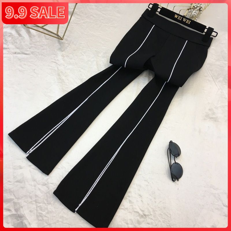 Quần dài ống loe lưng thun co giãn kẻ sọc màu tương phản phong cách mùa xuân thu năng động dành cho nữ 2020