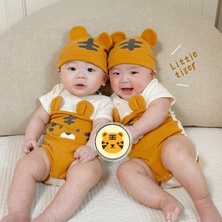 Áo liền quần BCBL tay cộc vải cotton hữu cơ hình hổ vàng có mũ cho em bé