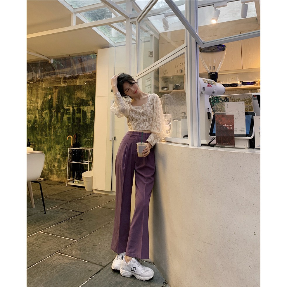 Set áo ren trắng tay dài cổ vuông croptop ngắn + quần dài lưng cao màu tím ulzzang ( có bán riêng )