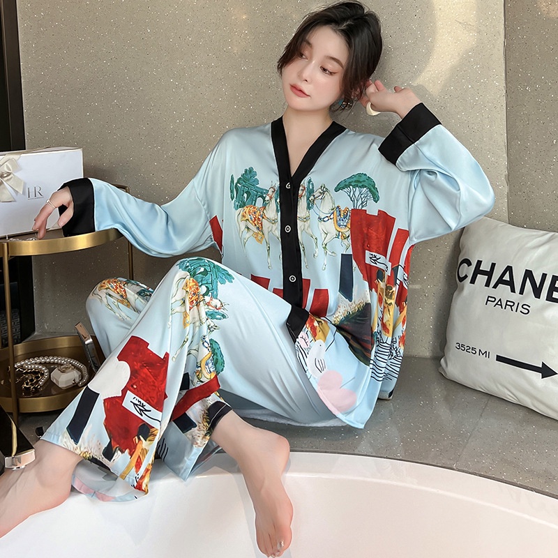 Bộ đồ ngủ dài tay vải lụa lạnh thiết kế mới thời trang mùa xuân dành cho nữ 2022