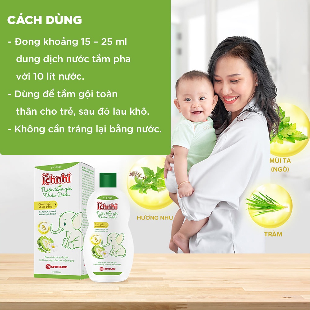 Nước tắm gội thảo dược Ích Nhi lọ 230ml (0-3 tuổi) bảo vệ bé suốt 24h ngừa rôm sảy, hăm da, mẩn ngứa