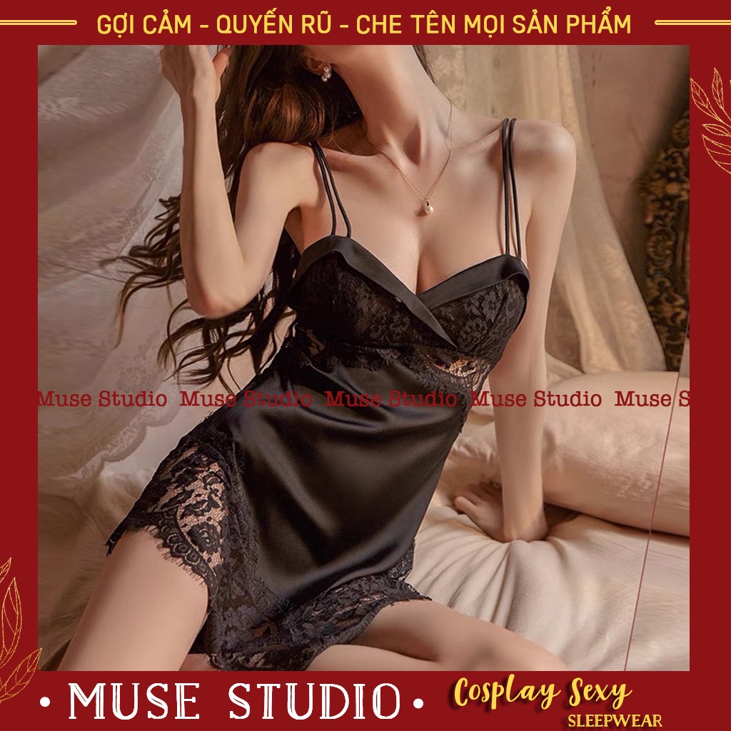 Váy ngủ sexy, đầm ngủ hai dây gợi cảm vải satin phối ren ngực và hông