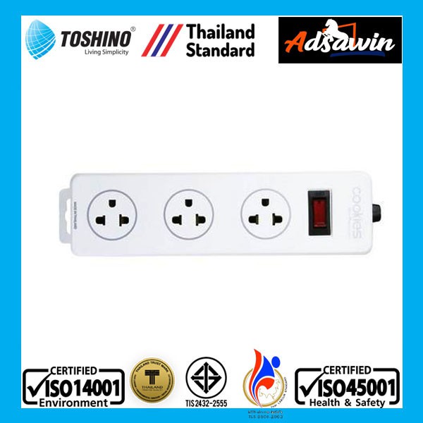 Ổ cắm điện TOSHINO COOKIES Thái Lan 3 ổ cắm  công suất 1500W-2500W, dây dài 3-5-10m