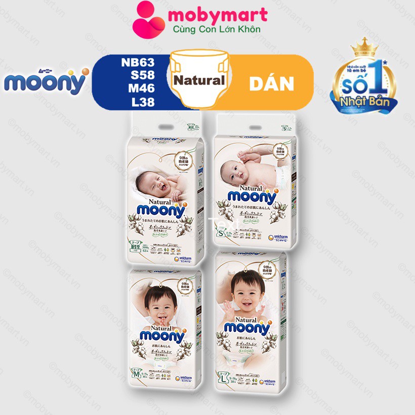 Tã Bỉm Dán MOONY NATURAL Từ Bông Hữu Cơ Size NB63/ S58/ M46/ L38 Nội Địa Nhật