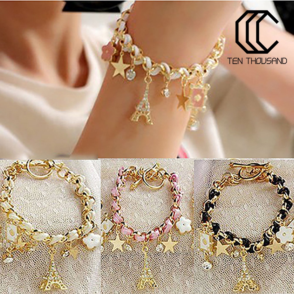 ✧Vòng Tay Giả Da Đính Mặt Hình Tháp Eiffel Và Hoa Thời Trang